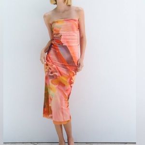 Zara Orange Patterned Strapless Dress